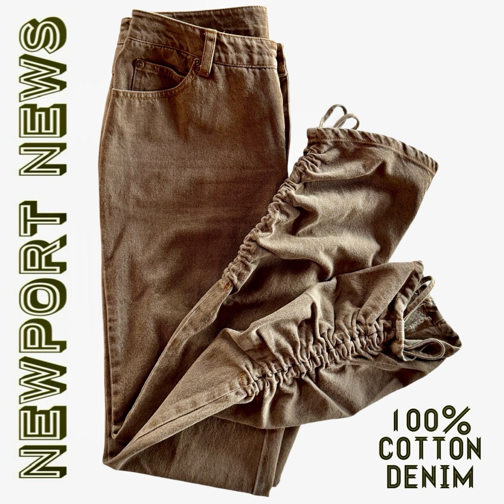 Newport News Taupe Brown Ruched Tapered Leg Denim Jeans (10) - Picture 14 of 16